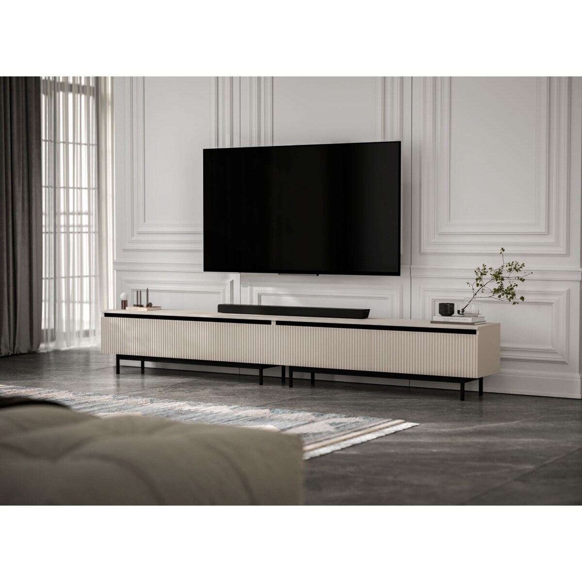 Nowoczesna Szafka RTV Glamour Komoda RTV Kaszmir Mat 280 cm czarne akcenty