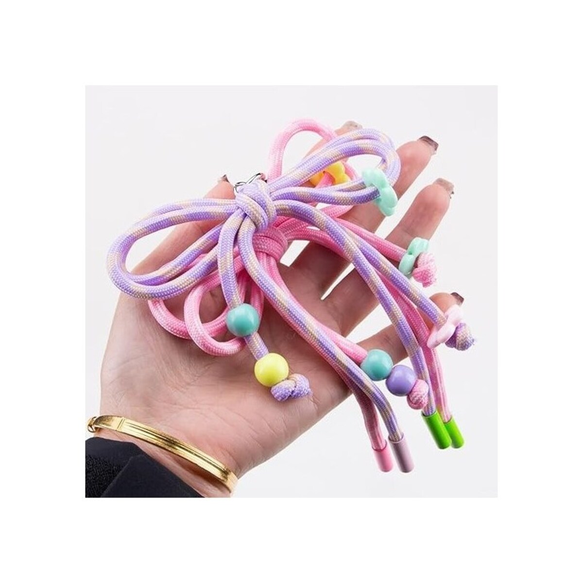 Brelok do kluczy, sznurkowa kokardka, koraliki, fiolet w paski BRL406FIO