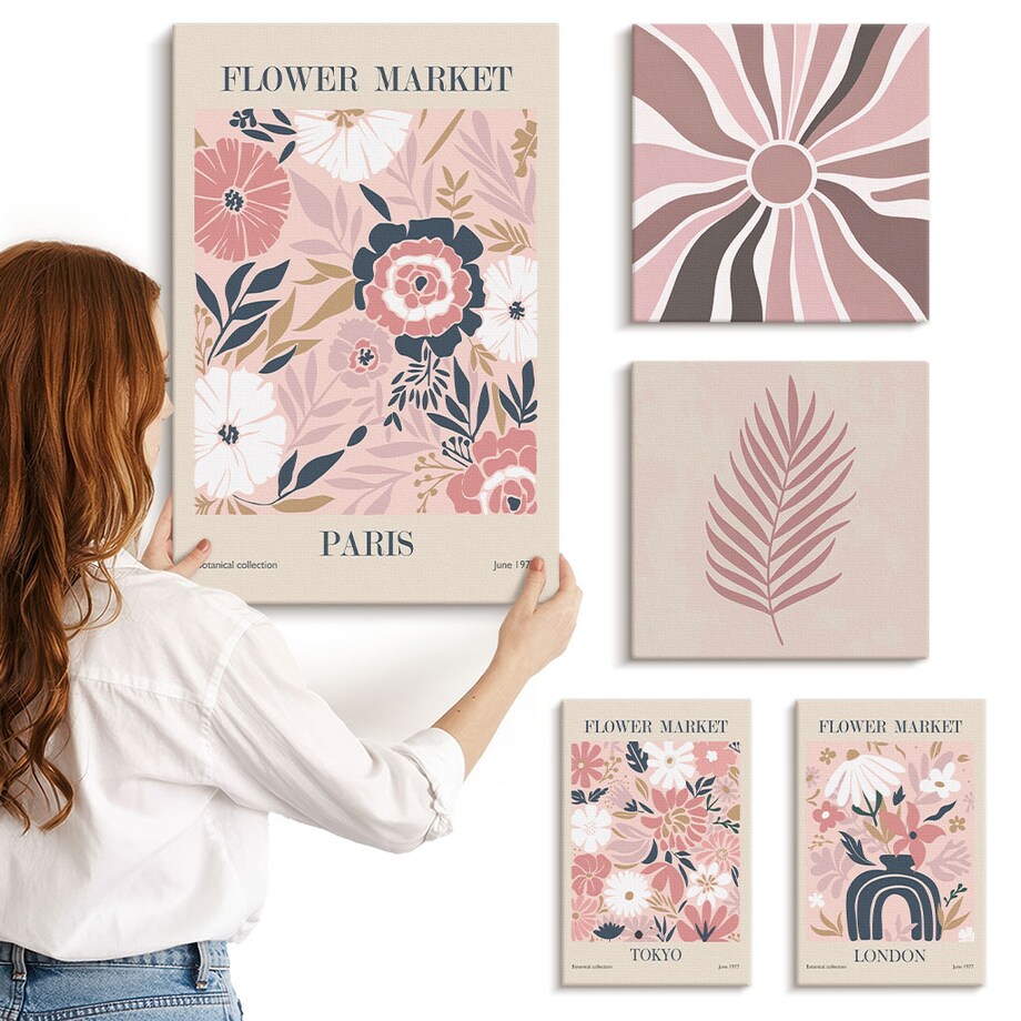 Zestaw 5 obrazów na płótnie - Kwiatowe rynki styl boho - różowy