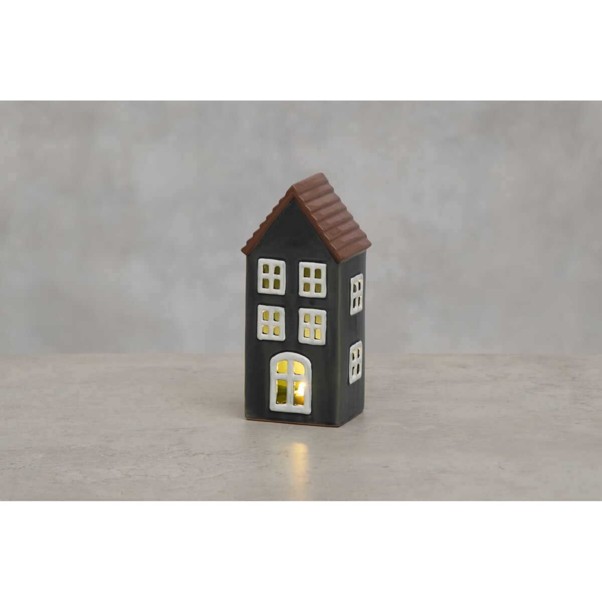 Lampion ceramiczny domek COPENHAGEN z oświetleniem LED, 6,5 x 8 x 17 cm, na baterie, kolor granatowy