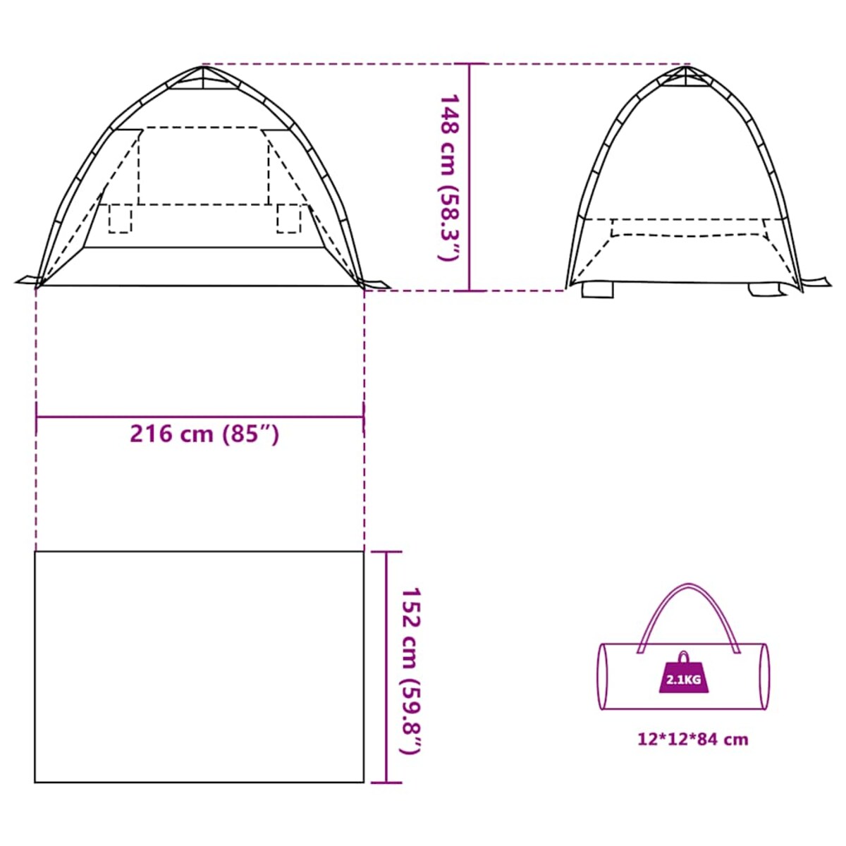 vidaXL Namiot plażowy, 2-os., szary, wodoszczelny