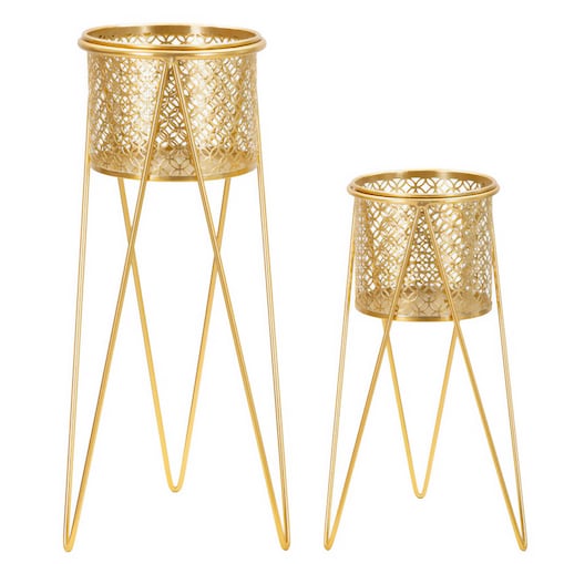 Kwietnik metalowy NAT, zestaw 2 szt., złoty, 21x20x46 i 18x18x32 cm