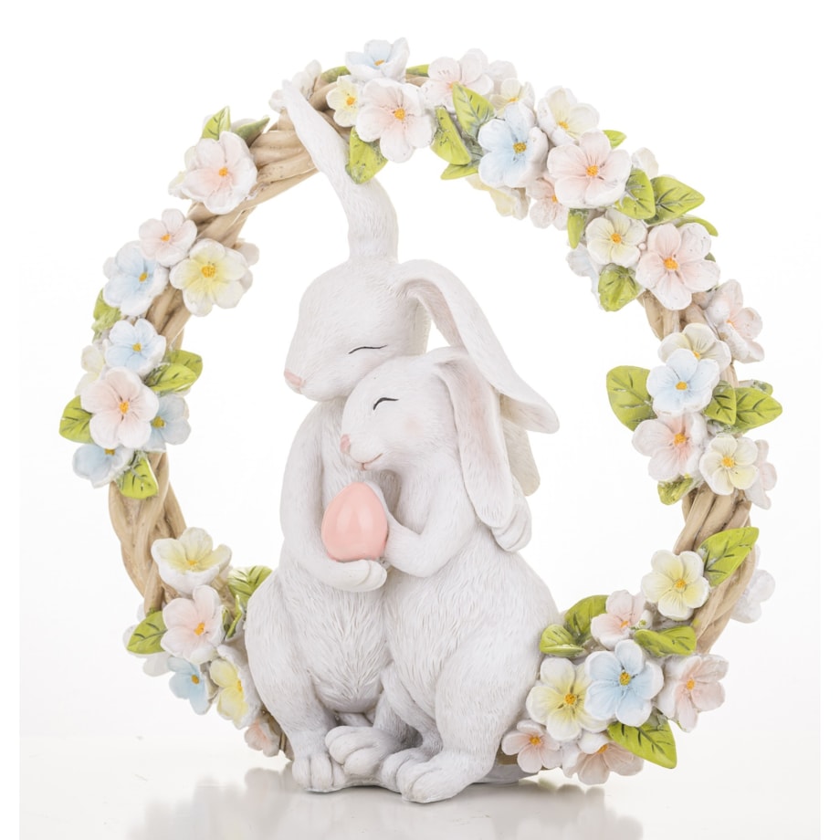 Dekoracja - figurka 2 białe przytulone ZAJĄCZKI w wiosennym wianku