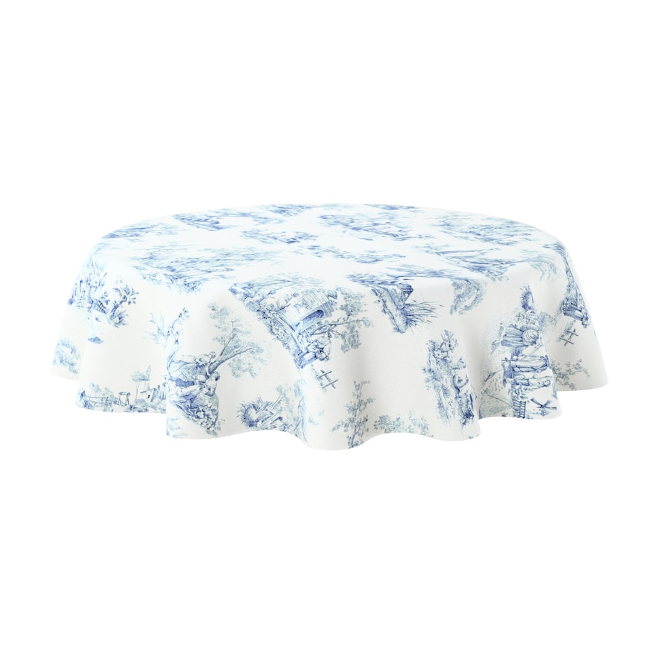 Obrus okrągły 130 x 130 cm scenki rodzajowe w kolorze niebieskim na tle ecru