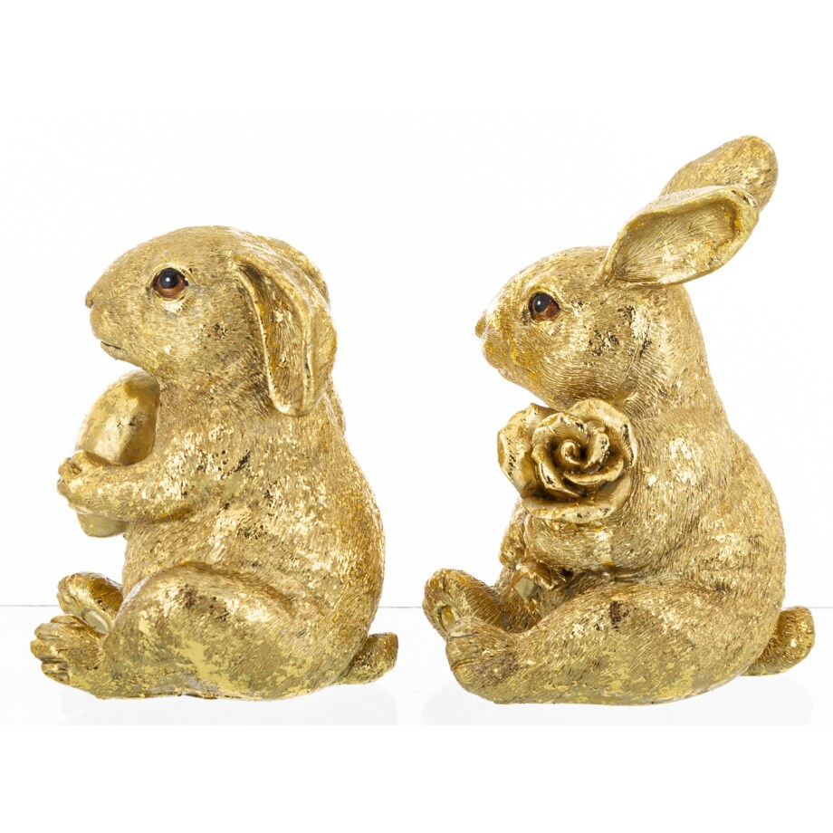 Dekoracja - Para siedzących złotych królików12x7,5x9 i 11x8x8 cm z różą i sercem