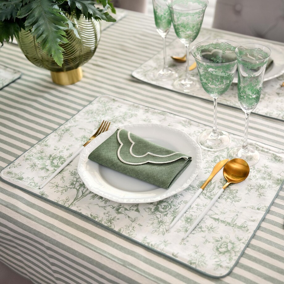 Mini dwustronne podkładki w stylu francuskim Toile de Jouy Green & Stripes – komplet 6 szt.