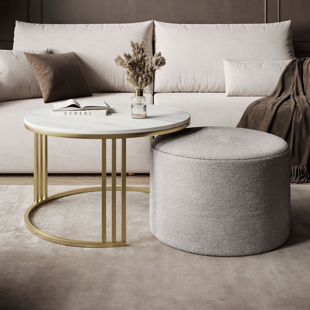 Stolik kawowy z pufą LORI MAT złoto szczotkowane, Marmur Levanto / Perfect Harmony 82