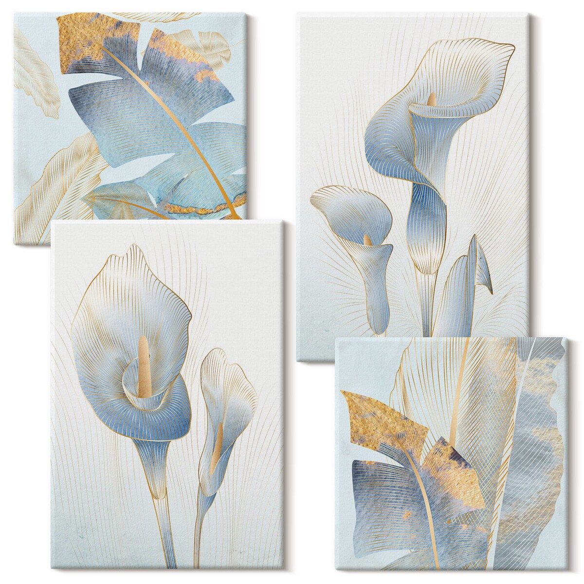 Zestaw 4 obrazów na płótnie - Błękitne kwiaty na tle glamour - niebieski