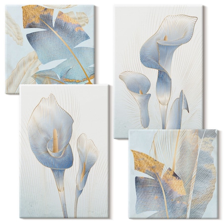 Zestaw 4 obrazów na płótnie - Błękitne kwiaty na tle glamour - niebieski