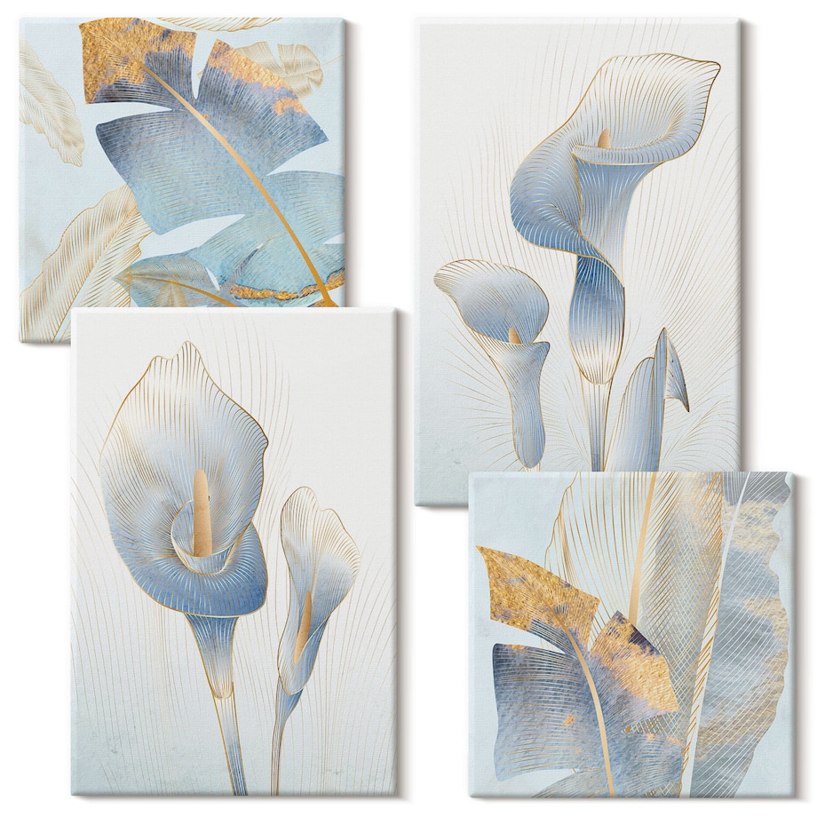Zestaw 4 obrazów na płótnie - Błękitne kwiaty na tle glamour - niebieski
