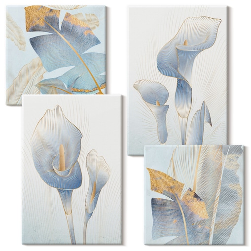 Zestaw 4 obrazów na płótnie - Błękitne kwiaty na tle glamour - niebieski
