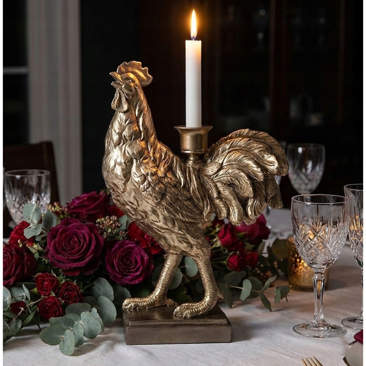 FIGURKA KOGUT ŚWIECZNIK KANDELABR ZŁOTY WIELKANOCNYKURA NA WIELKANOC