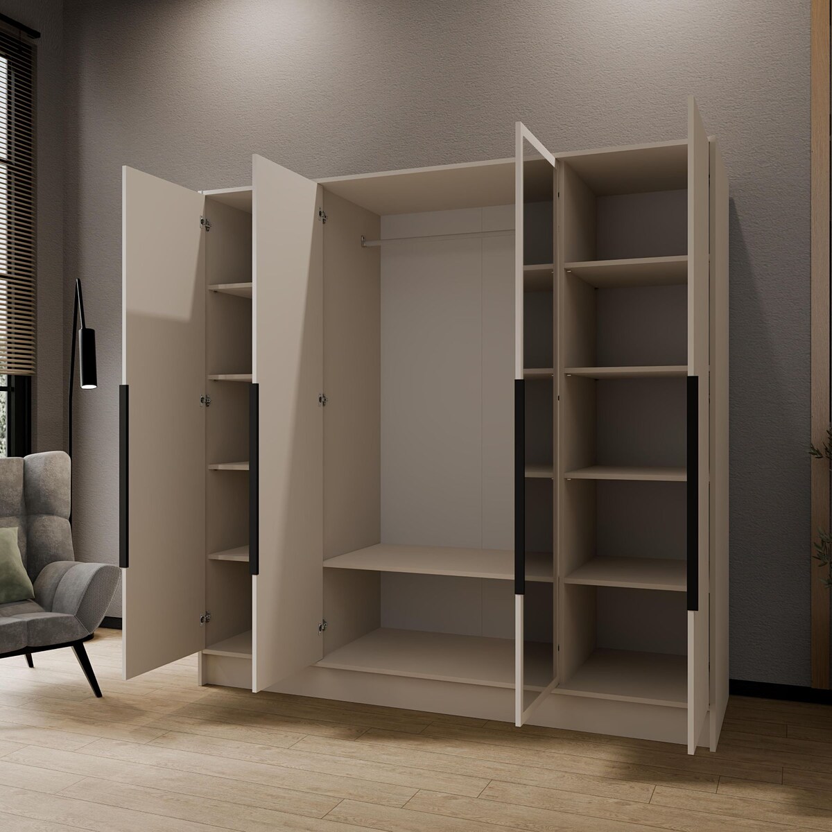 Szafa 200 gładka LUSO z lustrem i czarnymi uchwytami, kaszmirowa