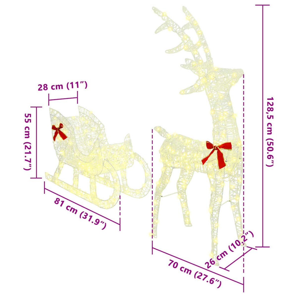 vidaXL Renifer ciągnący sanie Ciepła biel 70 x 26 x 128,5 cm Akryl