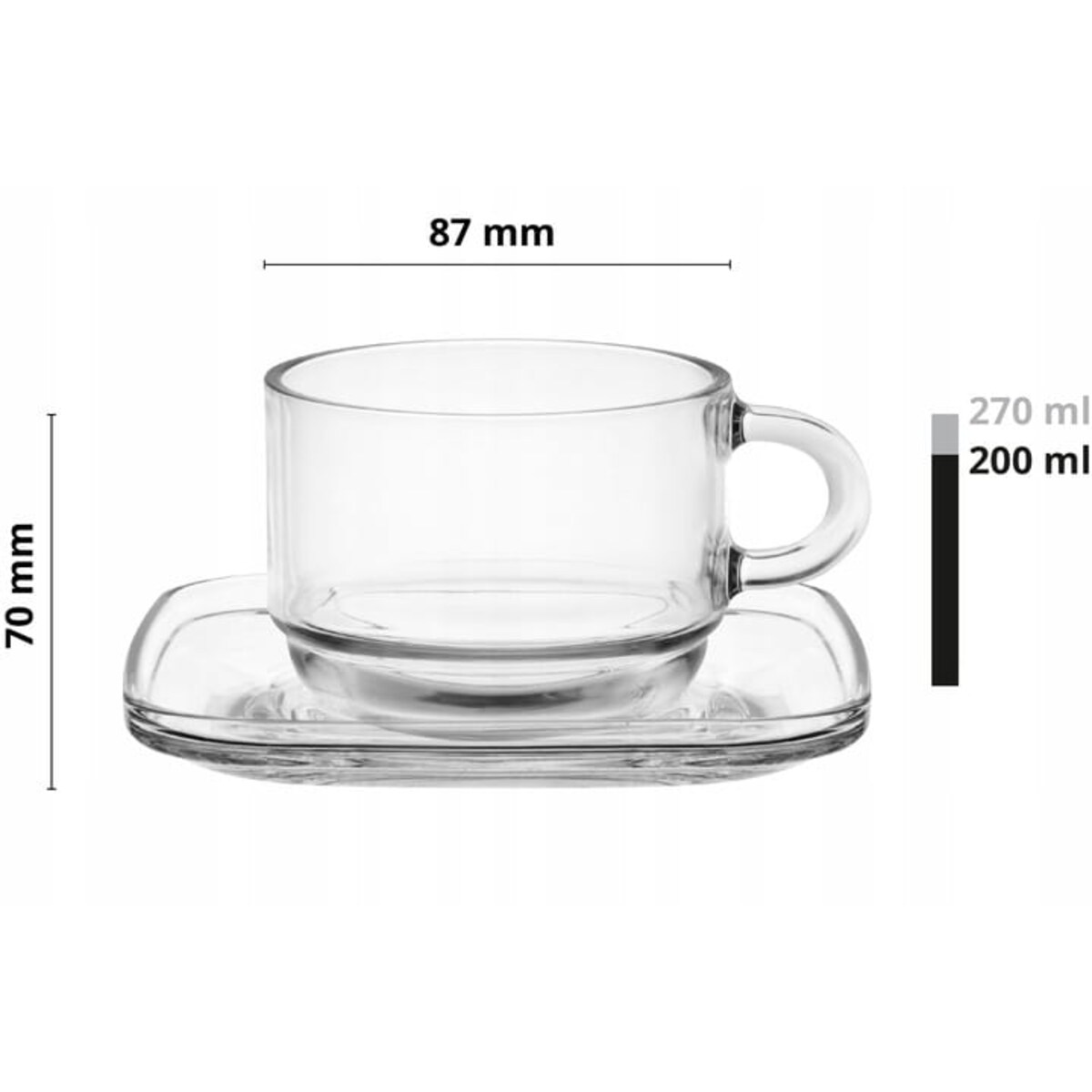 Zestaw 6 Szklane filiżanki ze spodkami do kawy latte herbaty 270ml GLASMARK