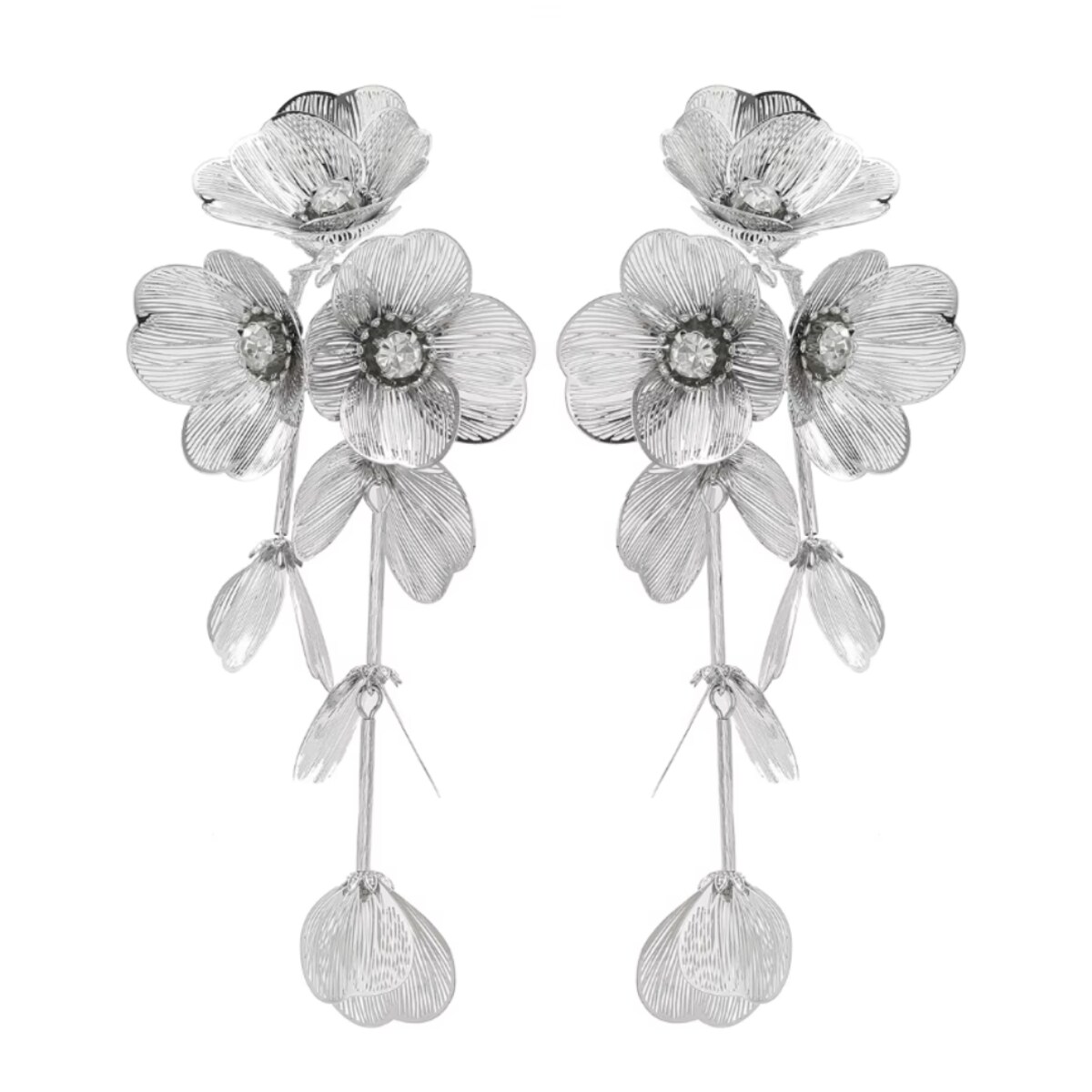 SREBRNE długie wiszące kolczyki kwiatowe metalowe lekkie okazałe XXL