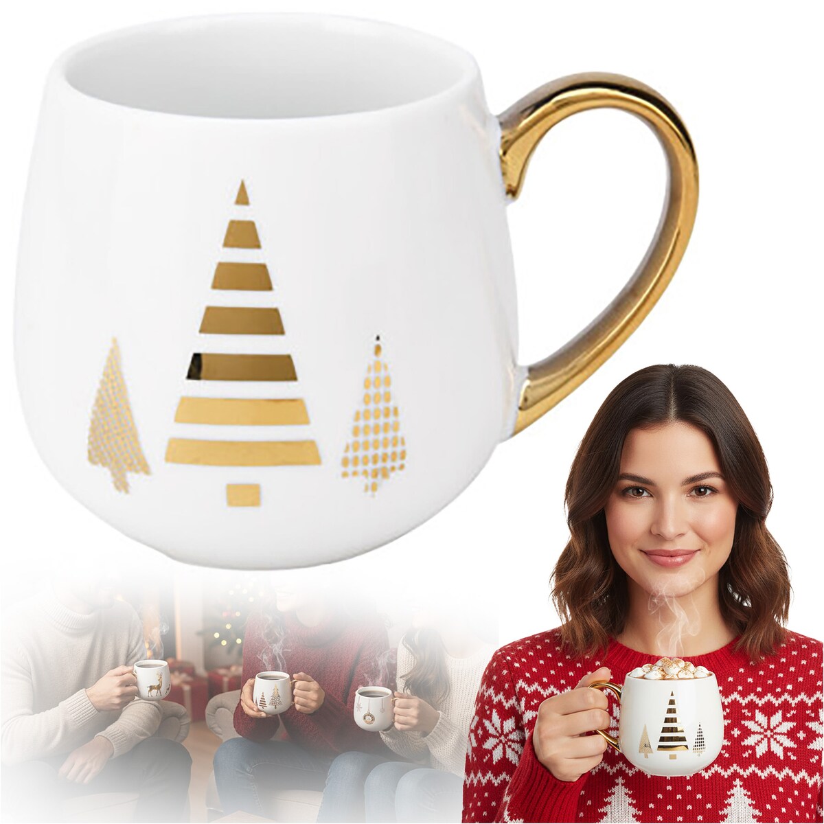 Kubek Z Uchem Świąteczny Porcelanowy Biało-Złoty 375 Ml Choinka