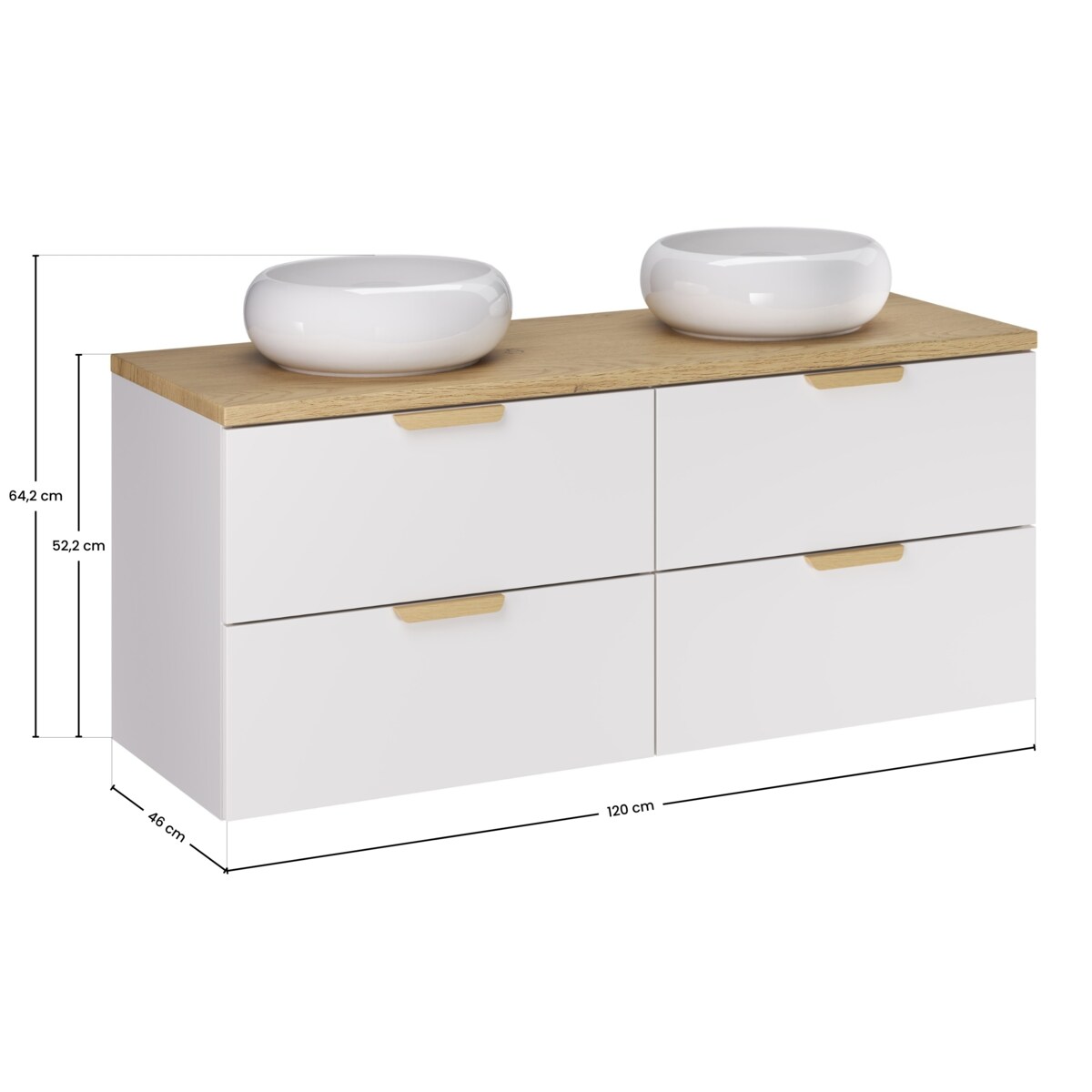 Szafka pod umywalkę ASTER 120 cm, biała, z dwiema umywalkami i blatem dębowym