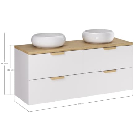 Szafka pod umywalkę ASTER 120 cm, biała, z dwiema umywalkami i blatem dębowym
