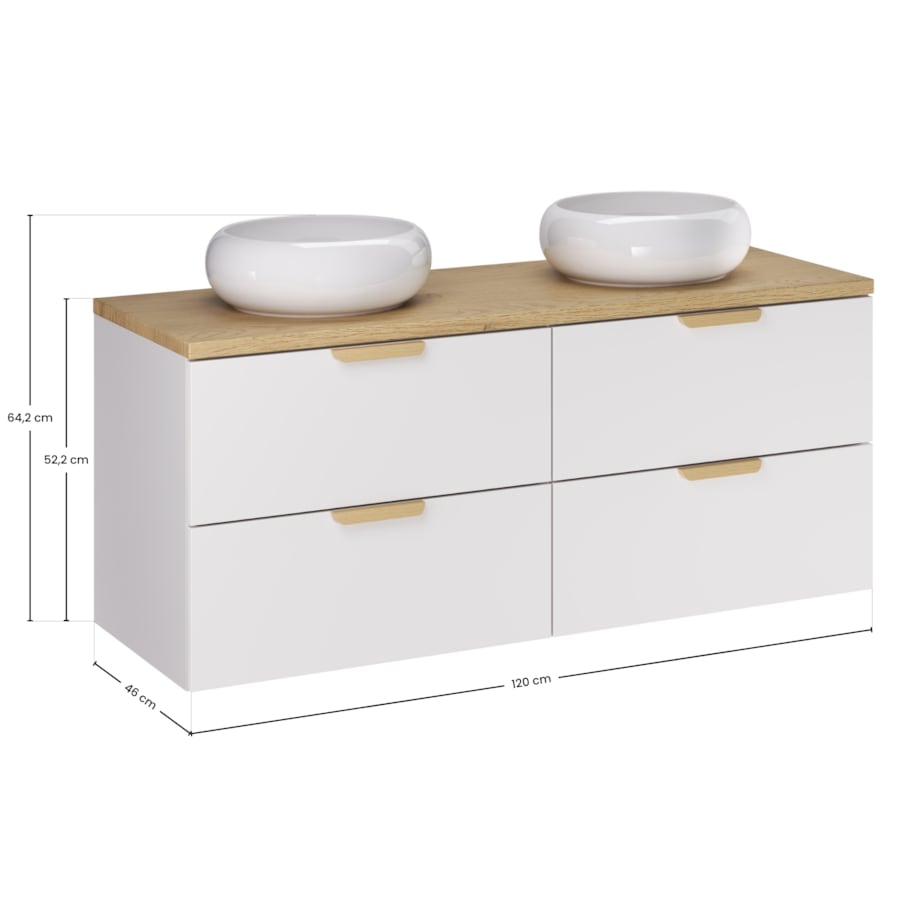 Szafka pod umywalkę ASTER 120 cm, biała, z dwiema umywalkami i blatem dębowym