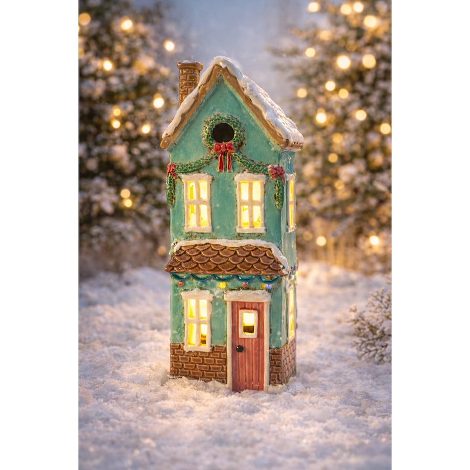 Ceramiczny domek na tea-lighty 18x10,5x9 cm KOLOMAN niebieski