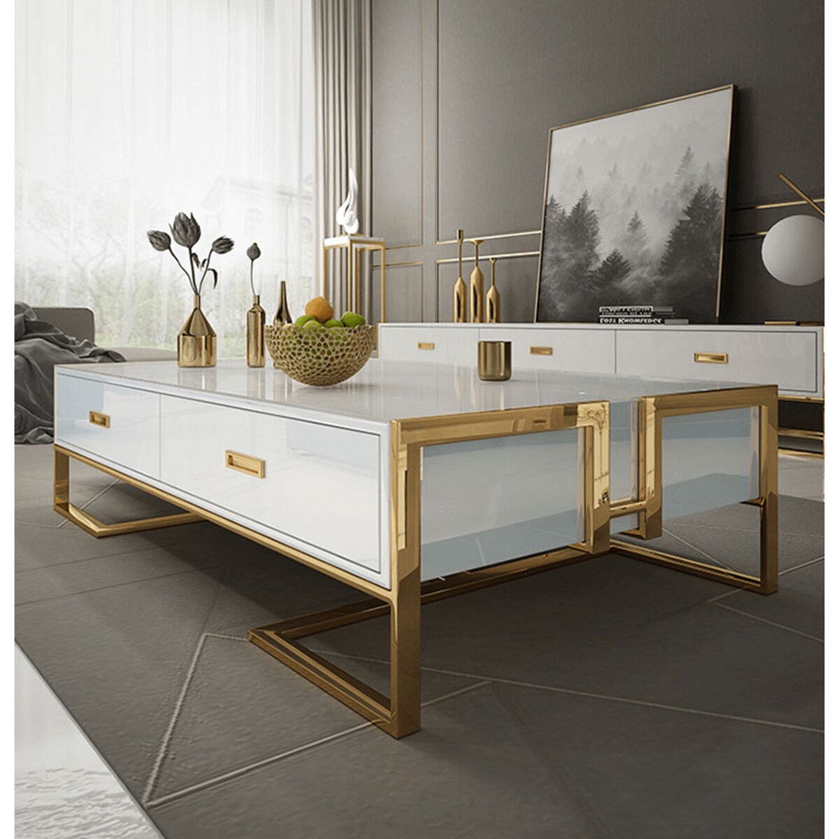 Nowoczesny złoty stolik kawowy biały z szyfladami nowojorski / ława Exclusive White Premium 130x70x42 glamour