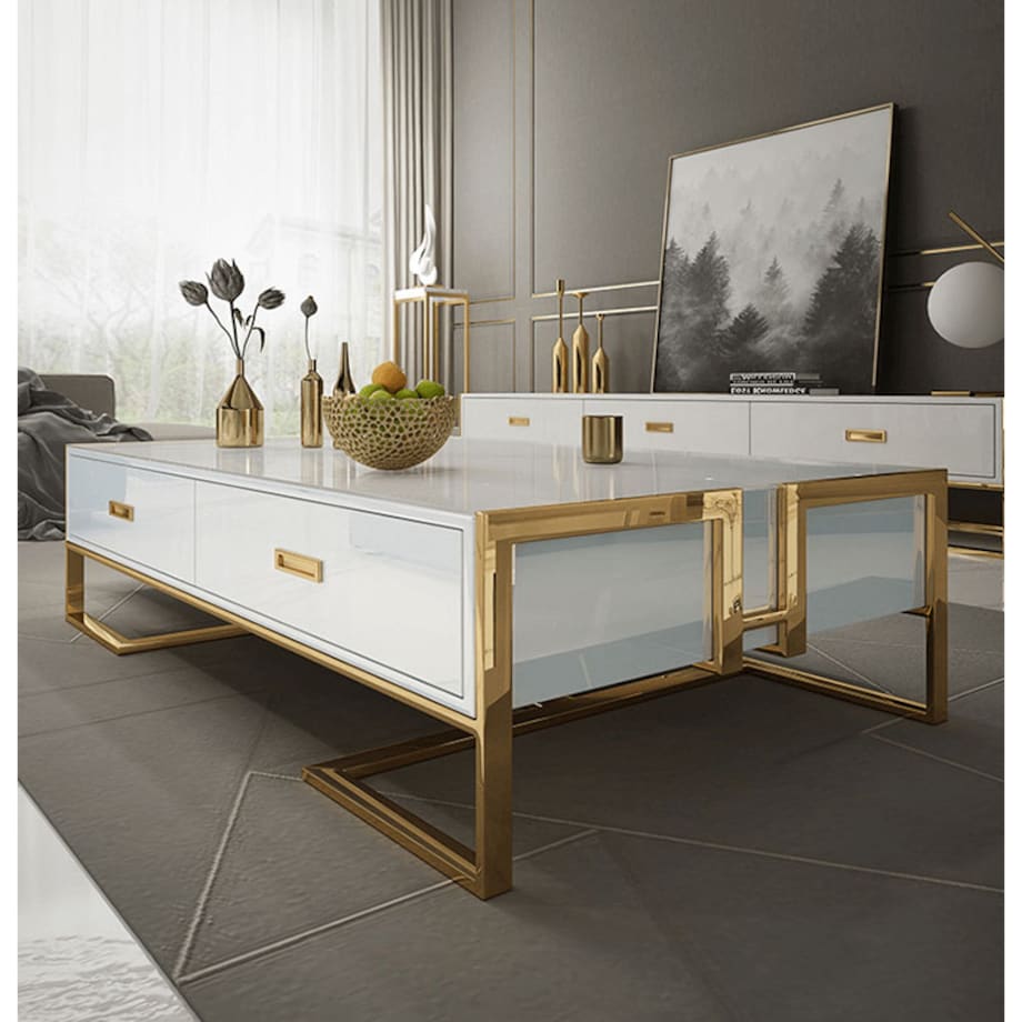 Nowoczesny złoty stolik kawowy biały z szyfladami nowojorski / ława Exclusive White Premium 130x70x42 glamour