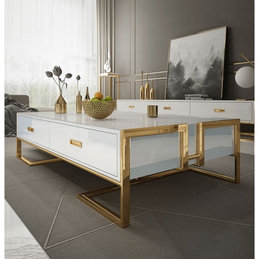 Nowoczesny złoty stolik kawowy biały z szyfladami nowojorski / ława Exclusive White Premium 130x70x42 glamour