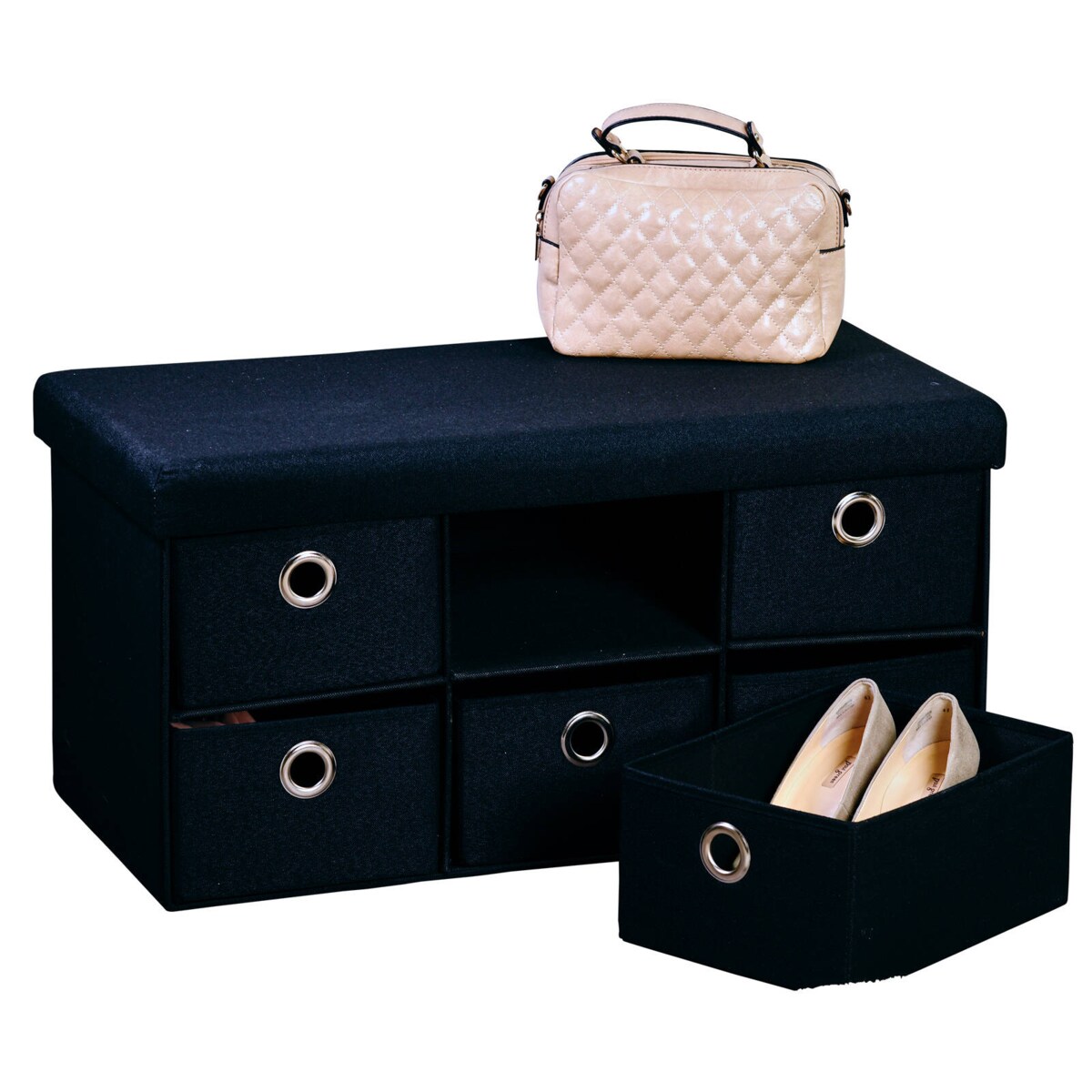 Siedzisko do przedpokoju z imitacji lnu, 6 szuflad