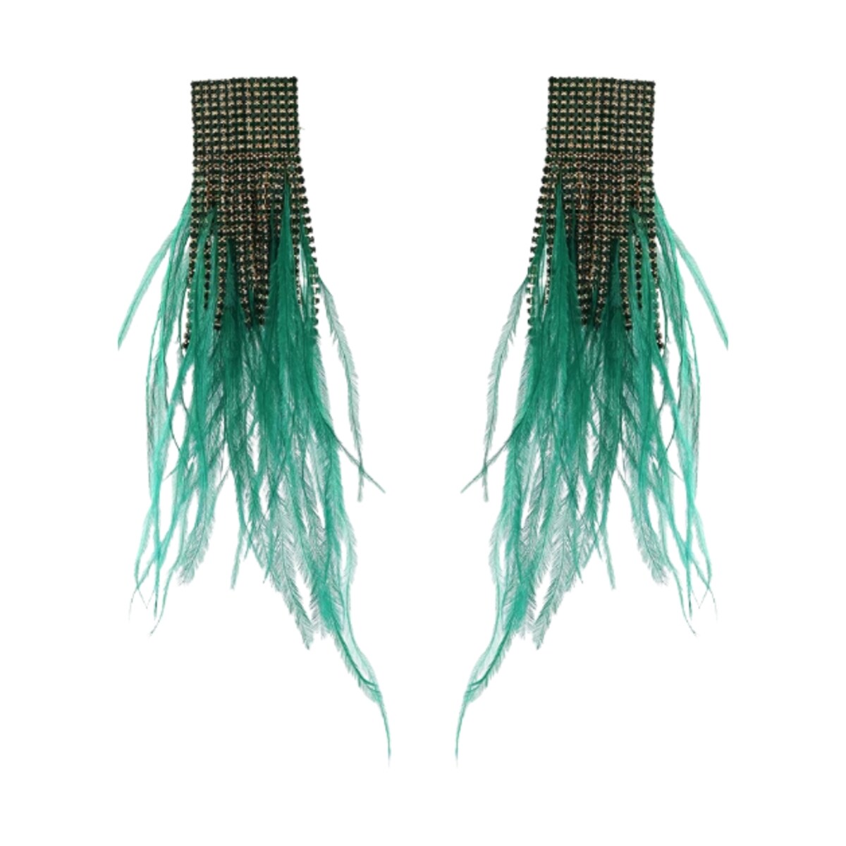 Wiszące kolczyki zielone z piórami cyrkoniami efektowna biżuteria PIÓRKA