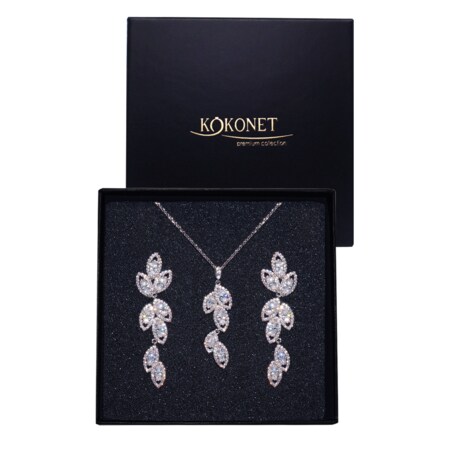 Komplet biżuterii ŚLUBNEJ kolczyki naszyjnik motyw listków SREBRNY