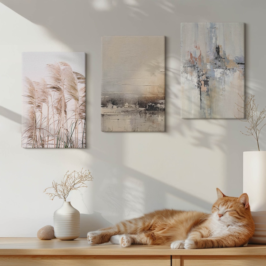 Zestaw 3 małych obrazów na płótnie - Roślinność abstrakcyjne wzory - beżowy