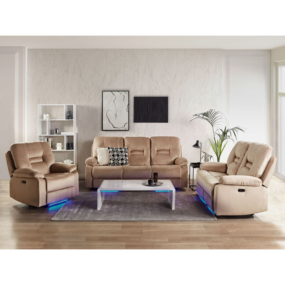 Sofa z elektryczną funkcją relaksu 3-osobowa welurowa LED z ładowarką beżowa BERGEN