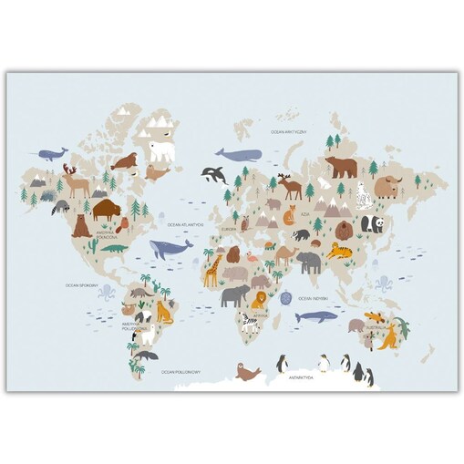 plakat mapa świata zwierzaki 4 21x30 cm