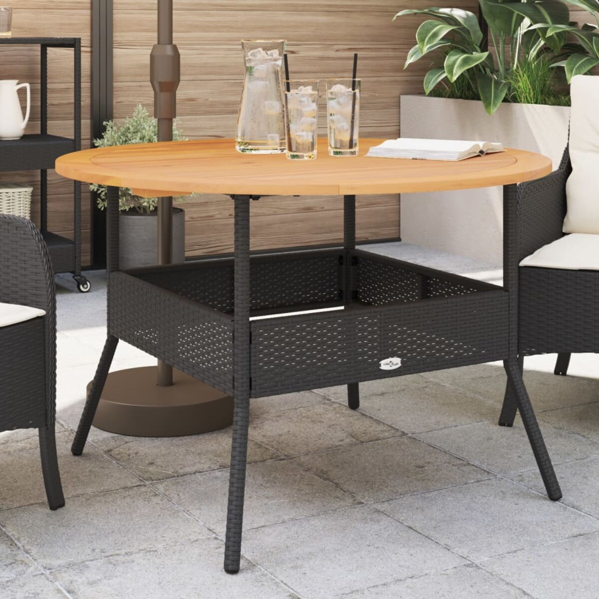 vidaXL Stół ogrodowy z akacjowym blatem, czarny, Ø110x71 cm, rattan PE