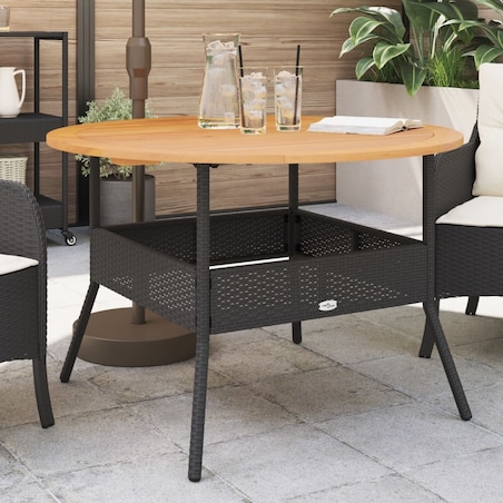vidaXL Stół ogrodowy z akacjowym blatem, czarny, Ø110x71 cm, rattan PE