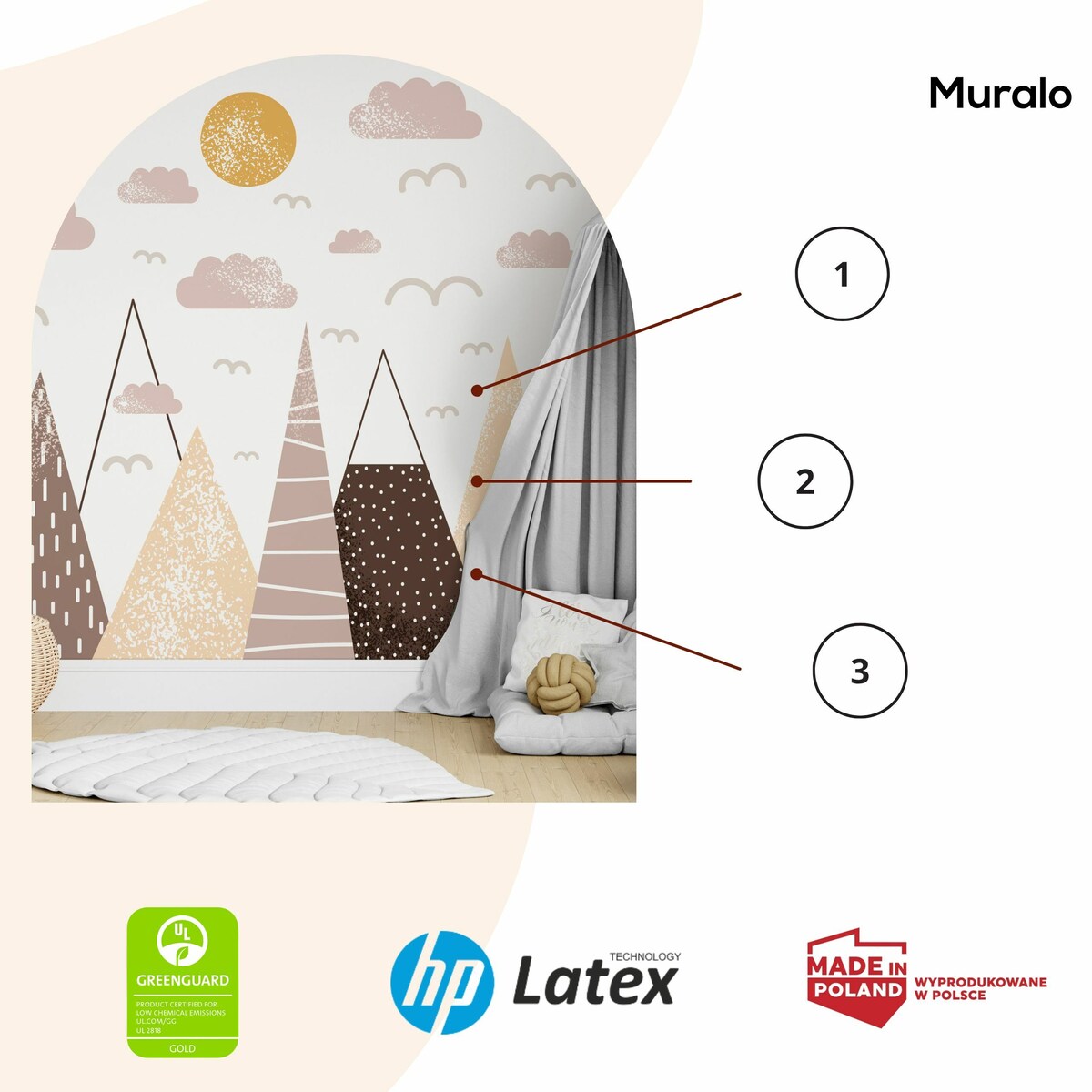 NAKLEJKI ŚCIENNE DLA DZIECI BRĄZOWE GÓRY PTAKI SŁOŃCE CHMURKI ZESTAW