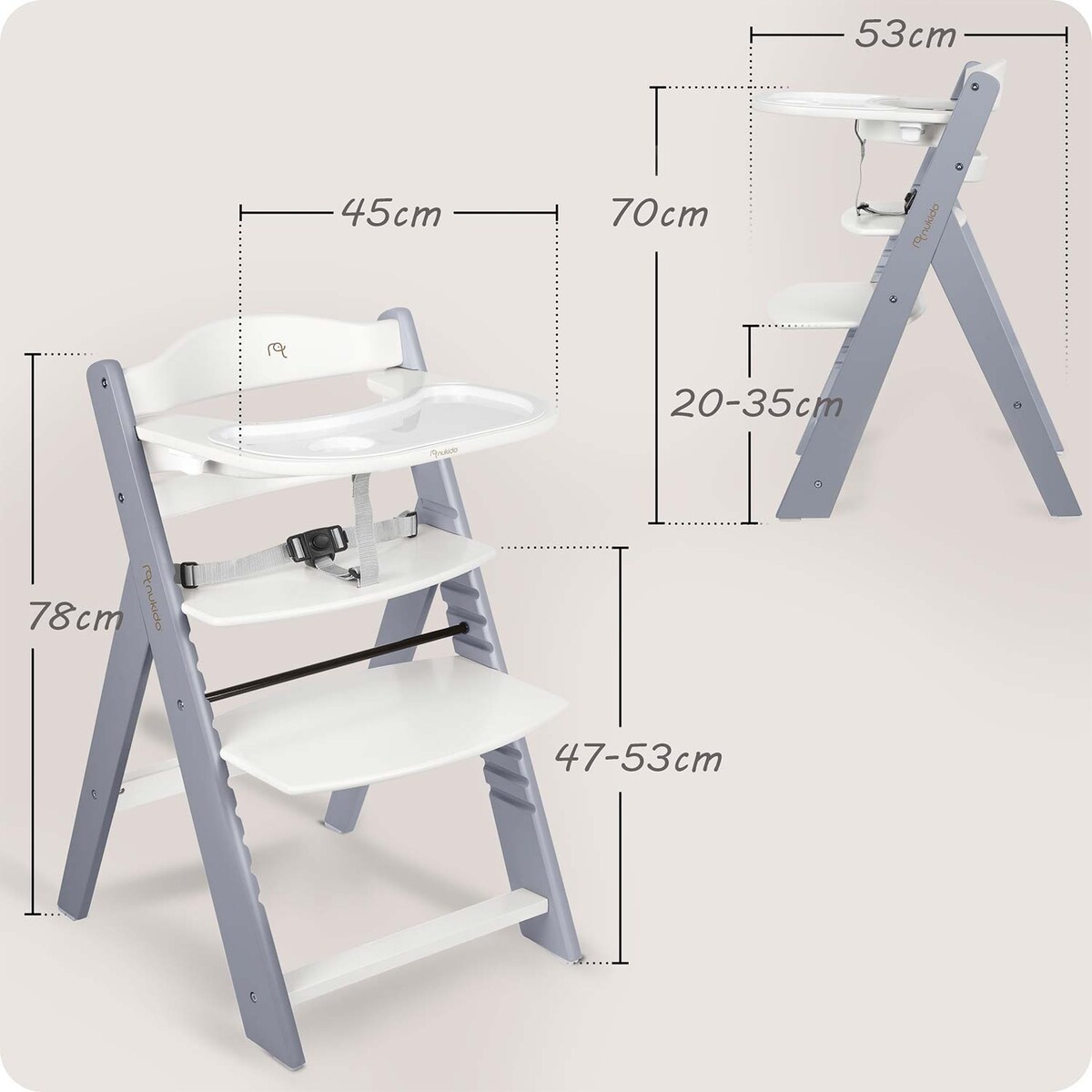 Drewniane krzesełko do karmienia Nukido tacka solidne regulowane pasy 703001