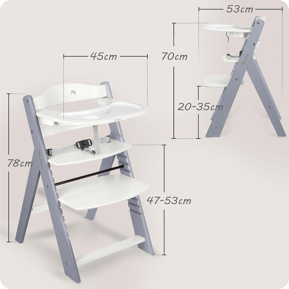 Drewniane krzesełko do karmienia Nukido tacka solidne regulowane pasy 703001