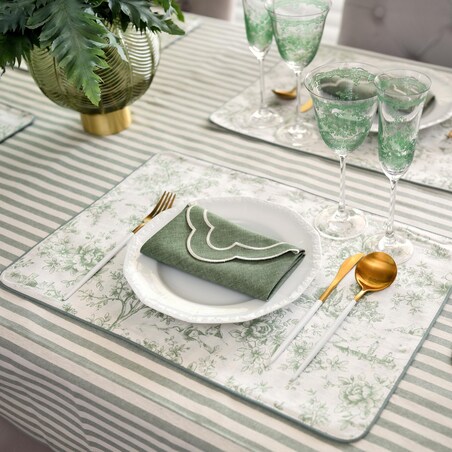 Dwustronne podkładki w stylu francuskim Toile de Jouy Green & Stripes – komplet 6 szt.