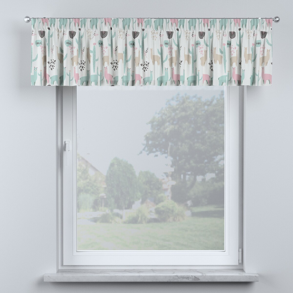 Lambrekin na taśmie marszczącej 390x40 pastelowe lamy na jasnoszarym tle