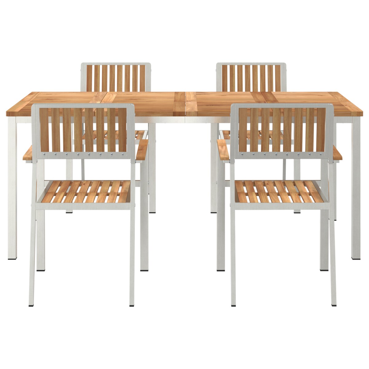 5-częściowy zestaw do jadalni ogrodowej vidaXL z litego drewna tekowego, Stół do jadalni vidaXL na świeżym powietrzu 180x90x75 cm z litego drewna tekowego, Zawiera 4 krzesła ogrodowe vidaXL z litego drewna tekowego i metalu