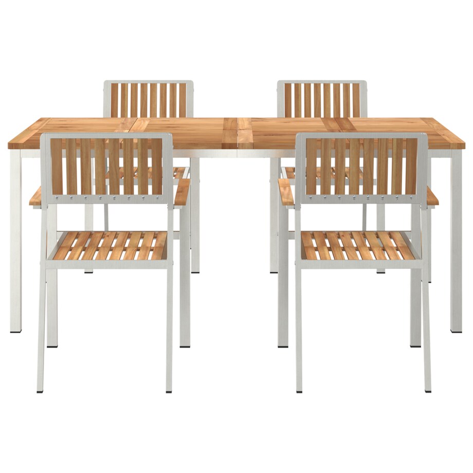 5-częściowy zestaw do jadalni ogrodowej vidaXL z litego drewna tekowego, Stół do jadalni vidaXL na świeżym powietrzu 180x90x75 cm z litego drewna tekowego, Zawiera 4 krzesła ogrodowe vidaXL z litego drewna tekowego i metalu