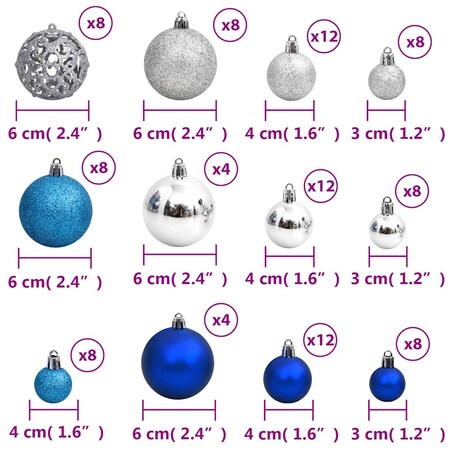vidaXL Bombki świąteczne, 100 szt., niebieskie i srebrne, 3/4/6 cm