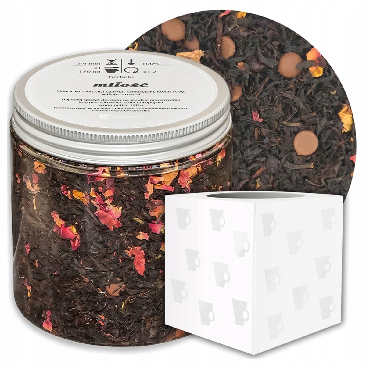 Herbata czarna MIŁOŚĆ o smaku kremowej czekolady z aromatycznymi wiśniami - herbata liściasta sypana mieszanka napar susz - gotowa na prezent upominek