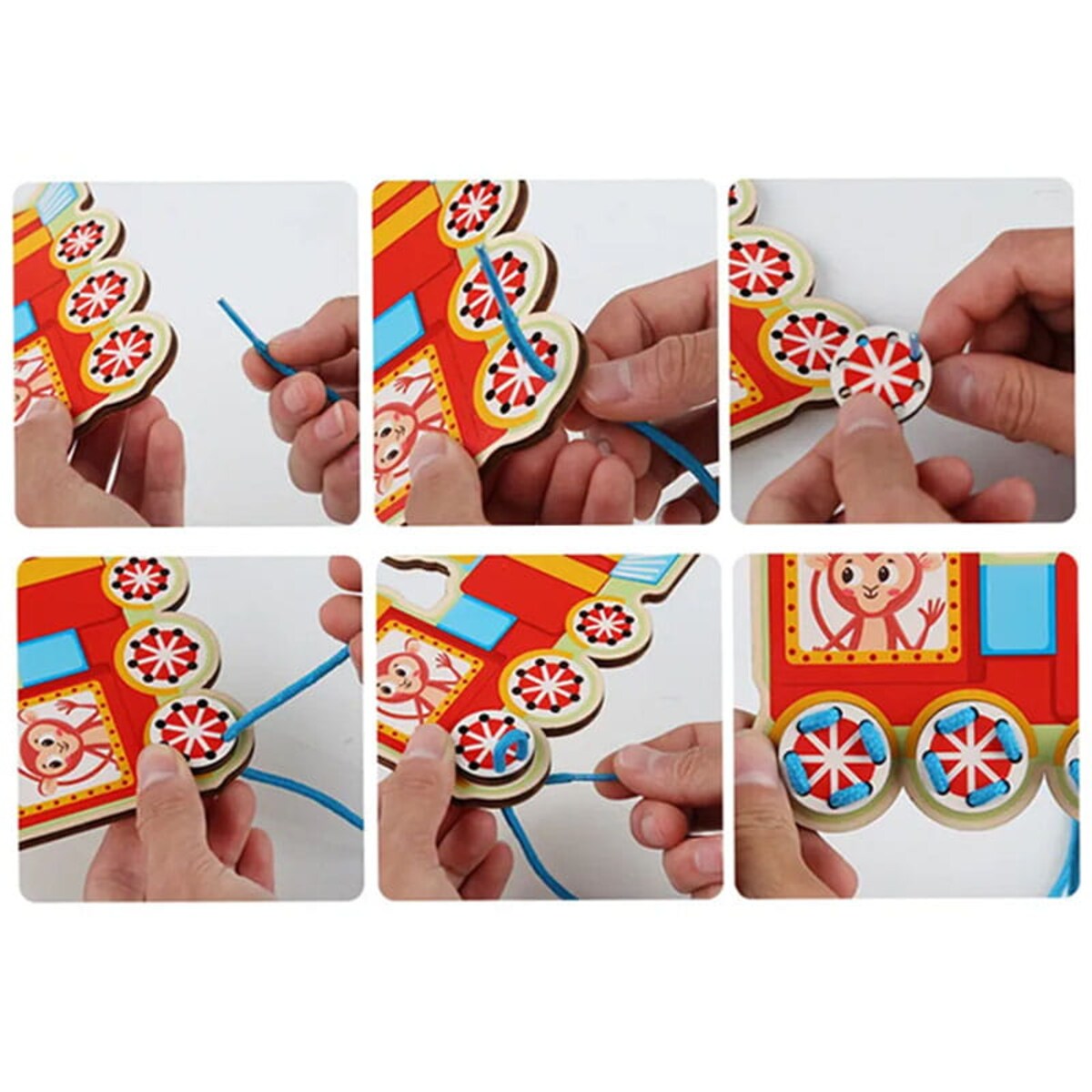 Puzzle drewniane Montessori - sznurówki - nauka wiązania Pojazdy