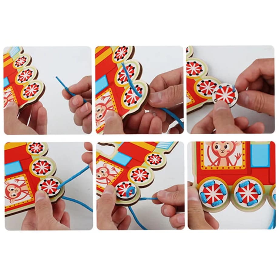 Puzzle drewniane Montessori - sznurówki - nauka wiązania Pojazdy