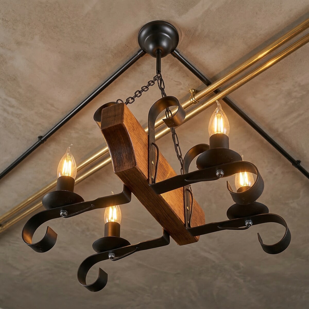 drewniana lampa wisząca 4 punktowa edylit retro