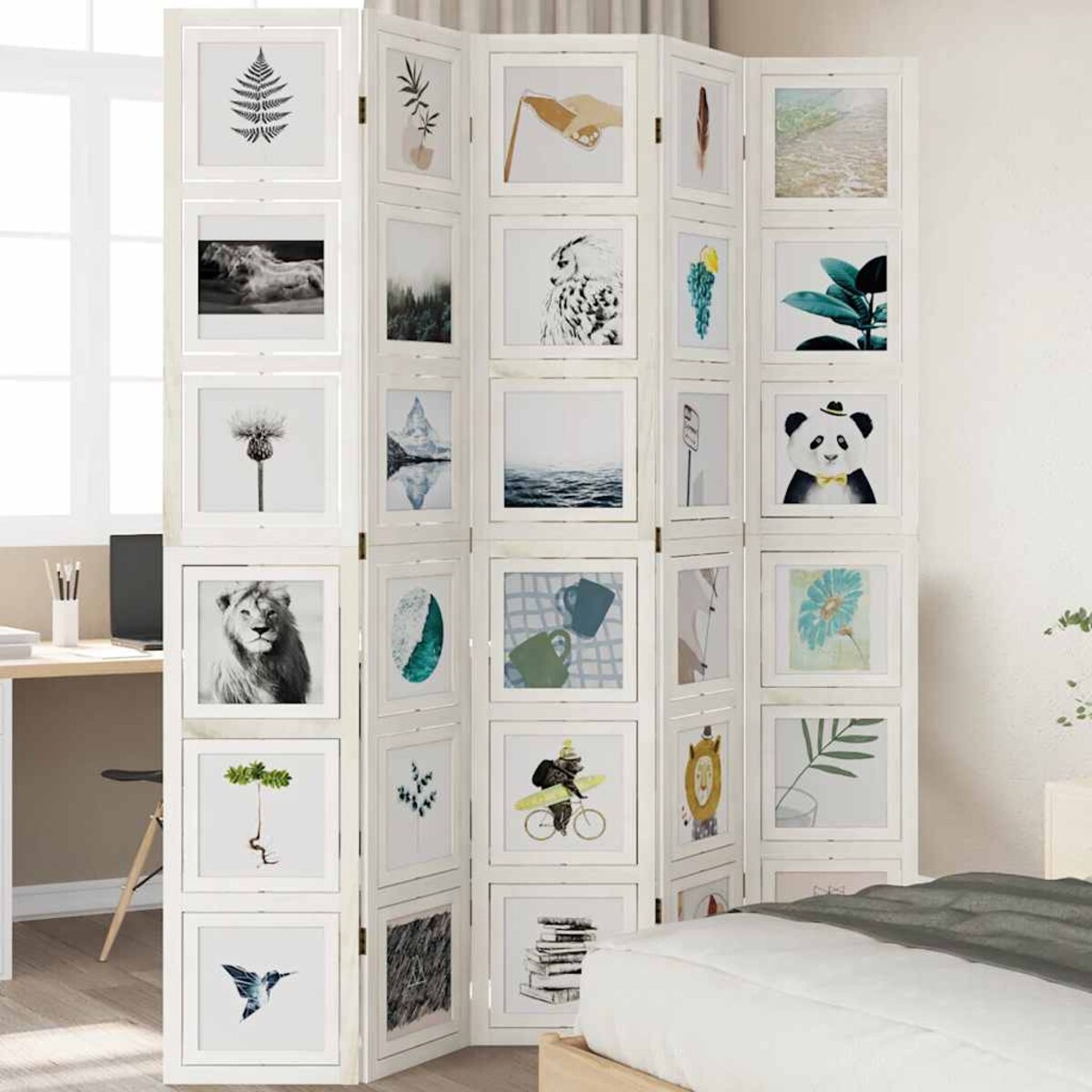 vidaXL Parawan pokojowy, 5-panelowy, biały, lite drewno paulowni