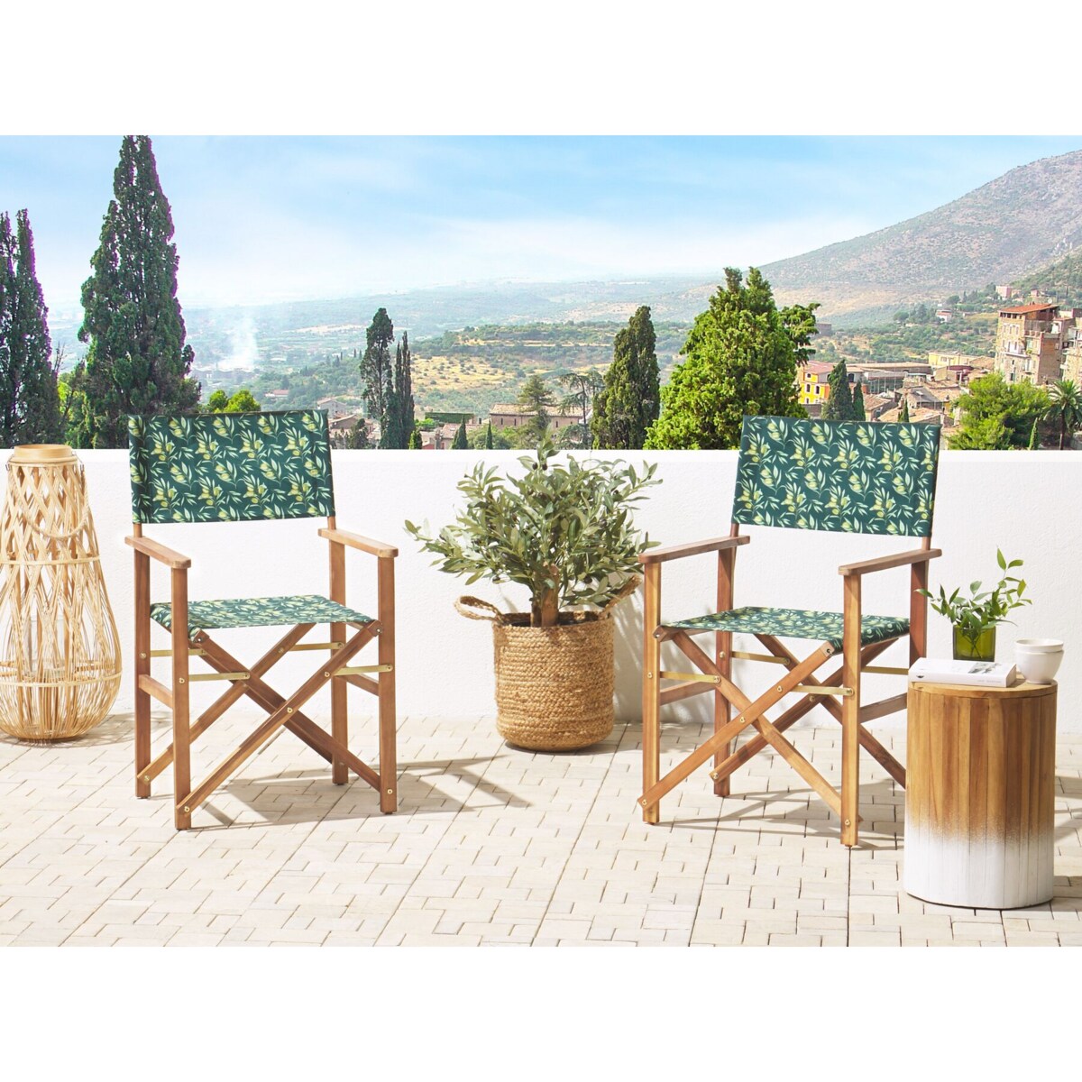 Zestaw 2 krzeseł ogrodowych akacjowy jasne drewno z szarym / wzór w oliwki CINE